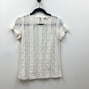 Cabi Womens Blouse Ivory Pullover Short Sleeve Scoop Neck Keyhole Lace Top XS
